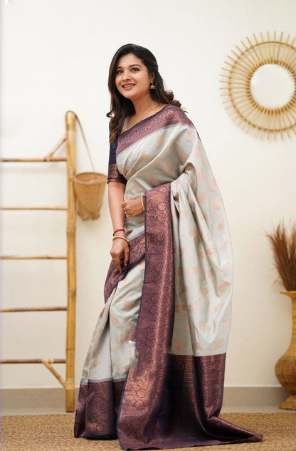 Fancy White Color Coper Jari Work Silk Saree