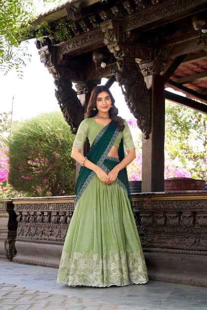 Elegant Green Color Silver Glosy Sequins And Thread Embroidery Work With Hotfix Designer Lehenga Choli