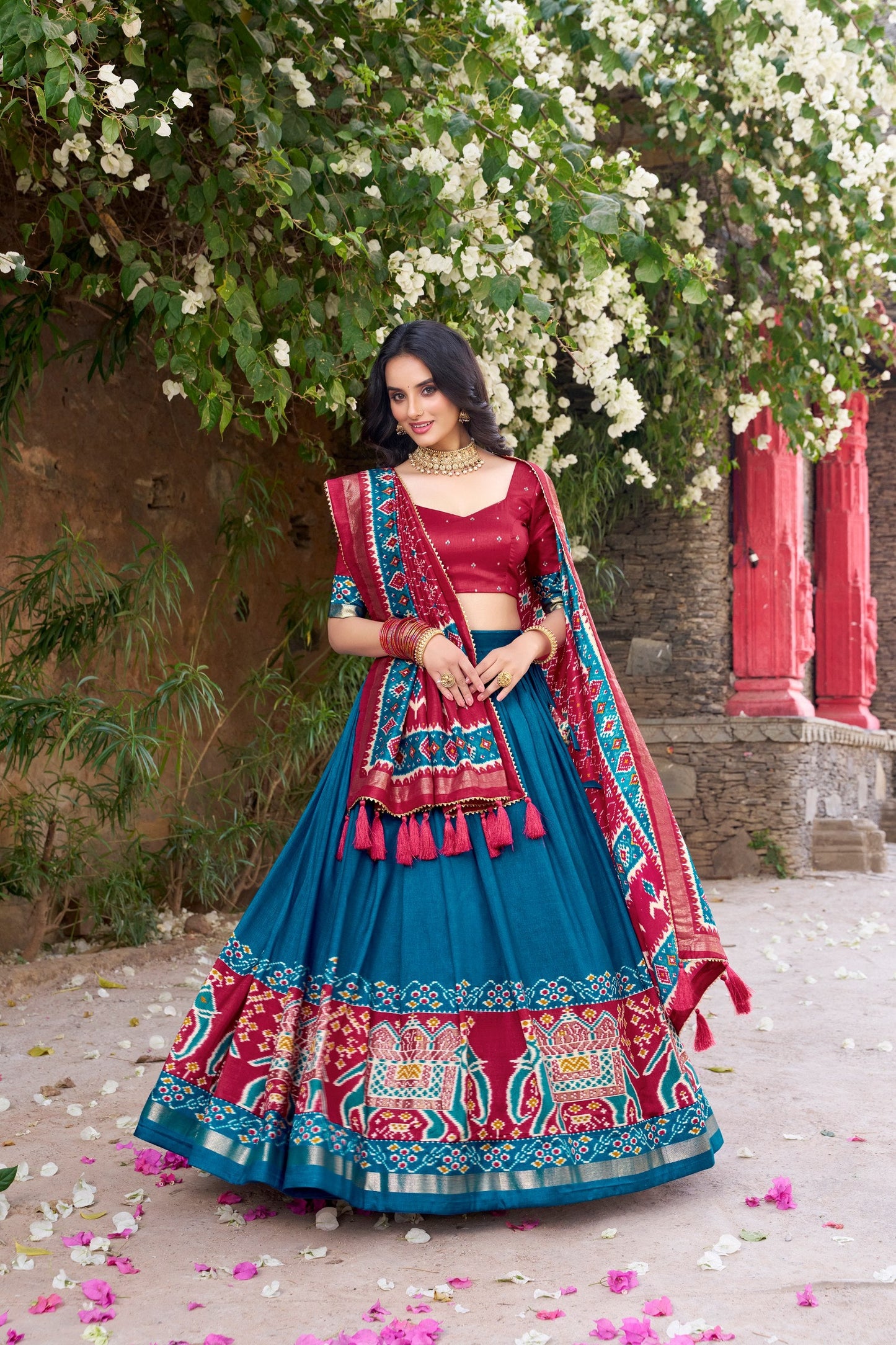Traditional Wear Teal Color Tussar Silk With Heavy Patola Printed Designer Lehenga Choli