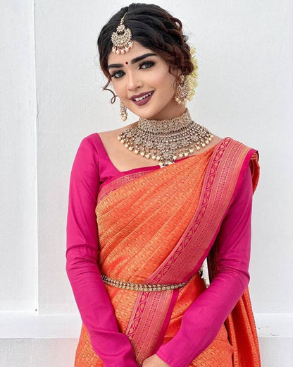 Adorable Pink With Orange Color Soft Lichi Silk Party Wear Saree