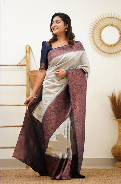Fancy White Color Coper Jari Work Silk Saree