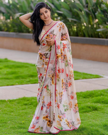 White Color Flower Printed Festive Wear Saree