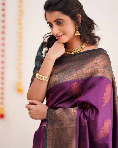 Beautiful Designer Purple Color Coper Jari Design Soft Silk Saree