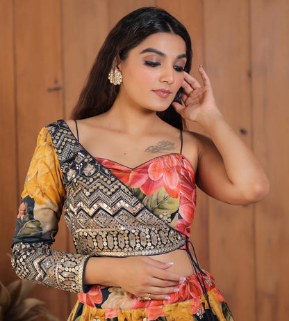 Designer Multi Color Lehenga Choli With One Side Sleeve Shrug