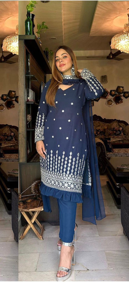 Terrific Embroidery Work Blue Color Salwar Suit
