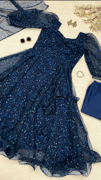 Superhit Navy Blue Color Digital Print Anarkali Suit