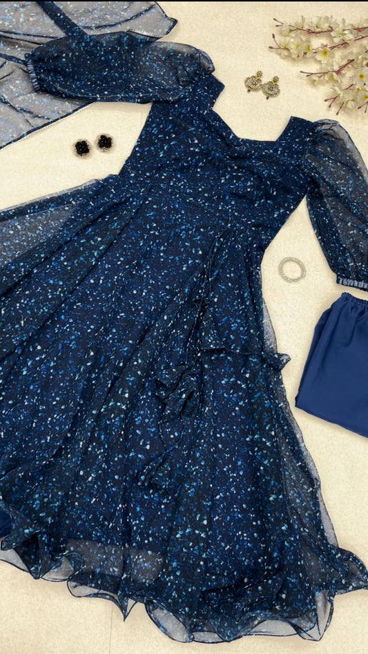 Superhit Navy Blue Color Digital Print Anarkali Suit