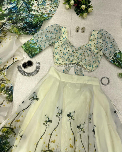 Designer Floral Print Light Green Color Organza Silk Lehenga Choli