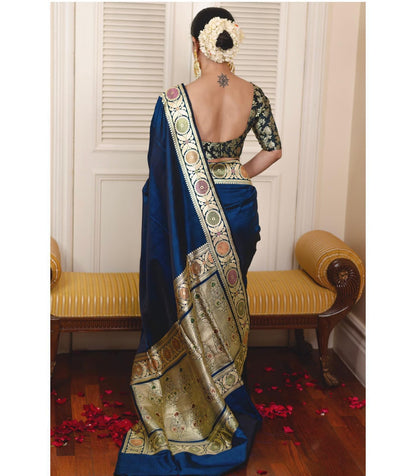 Pretty Blue Color Golden Work Lichi Silk Saree