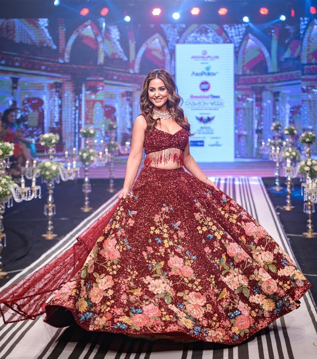 Heena Khan Style Red Color Sequence Embroidery work Lehenga Choli