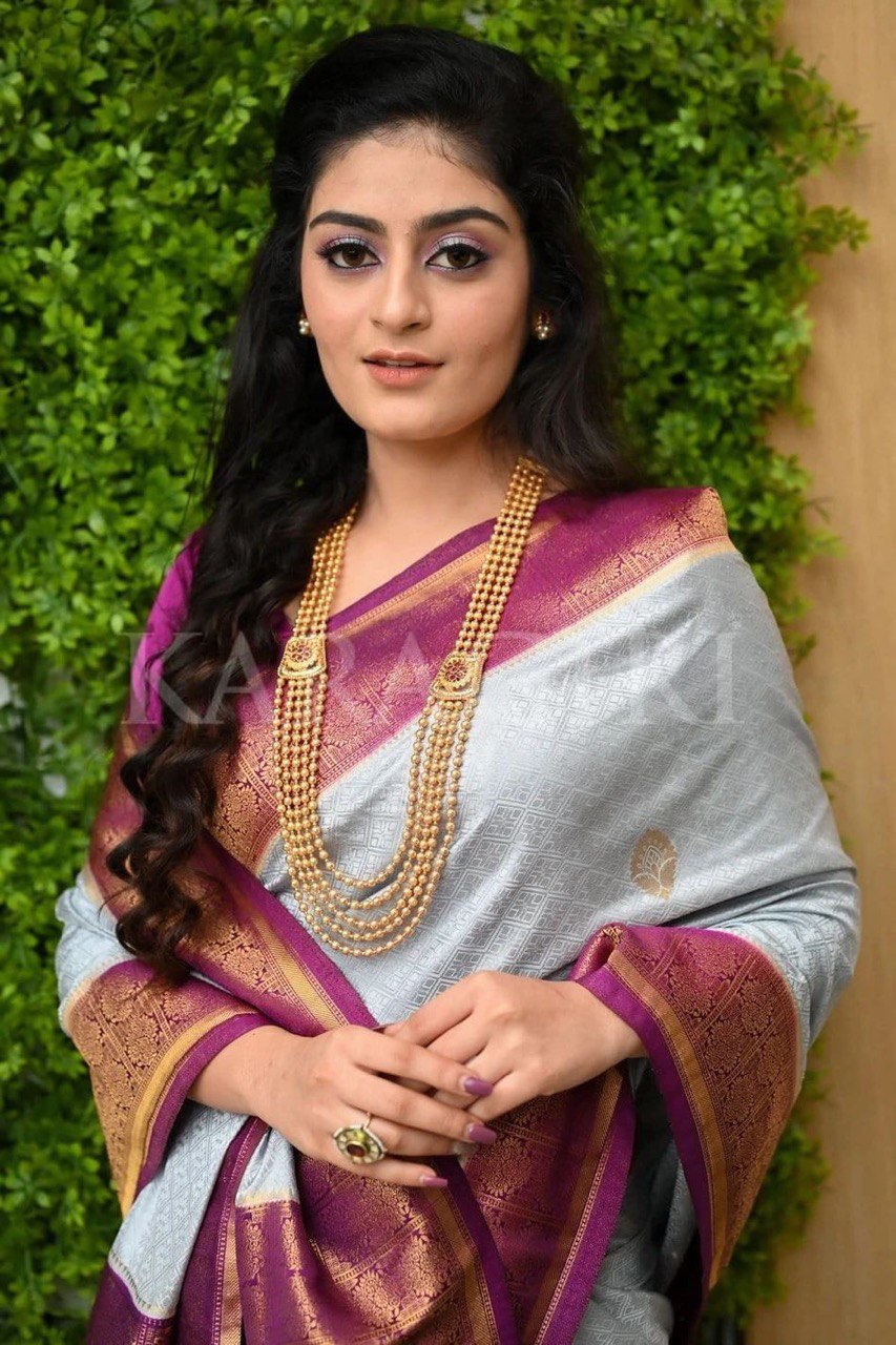Decent Grey With Purple Color Soft Banarasi Silk Saree