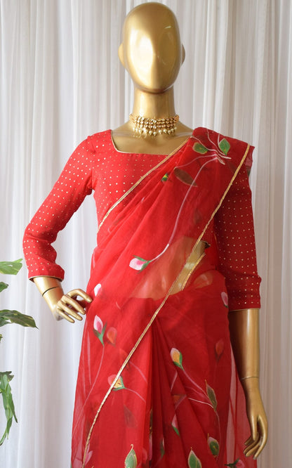 Digital Printed Red color Heavy Handwork Organza Saree