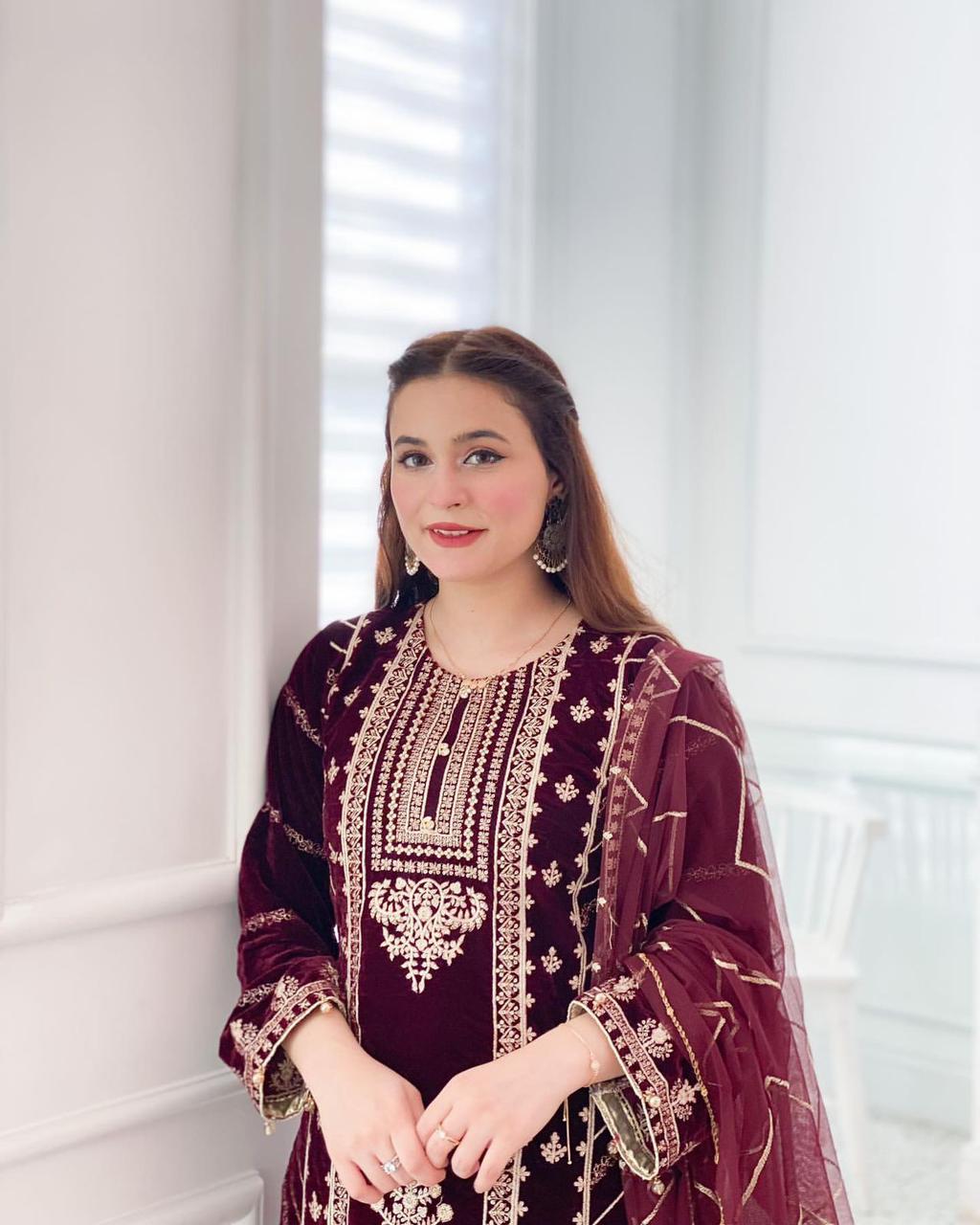 Maroon Color Sequence Embroidered Work Designer Velvet Salwar Suit