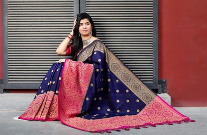 Stylish Navy Blue With Pink Color Golden Jari Design Silk Saree
