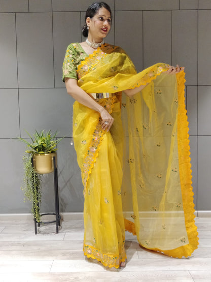 Yellow Color Coding & Sequins Work Ready To Wear Organza Saree