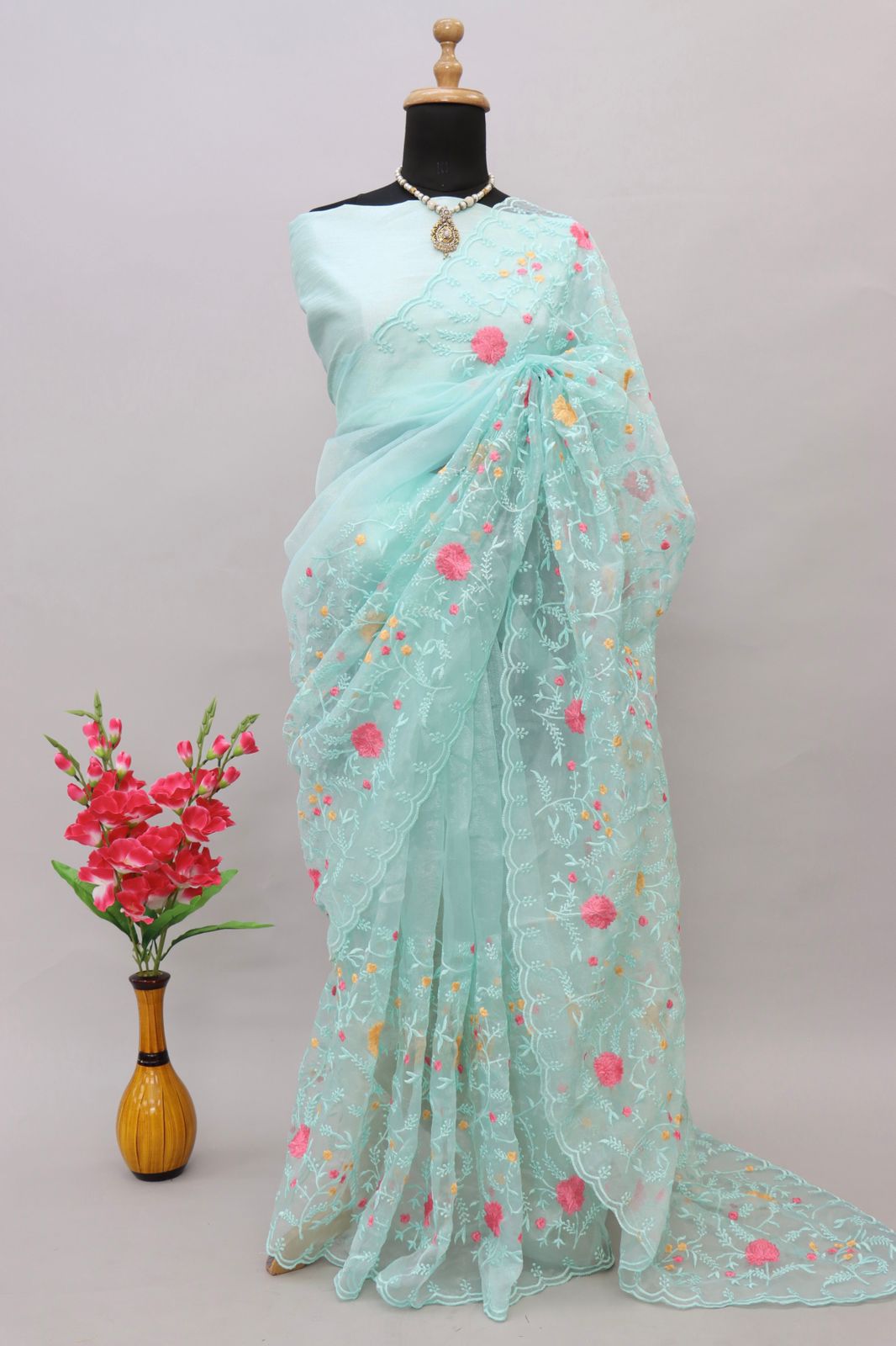 Sky Blue Color Multi Thread Work Organza Silk Saree