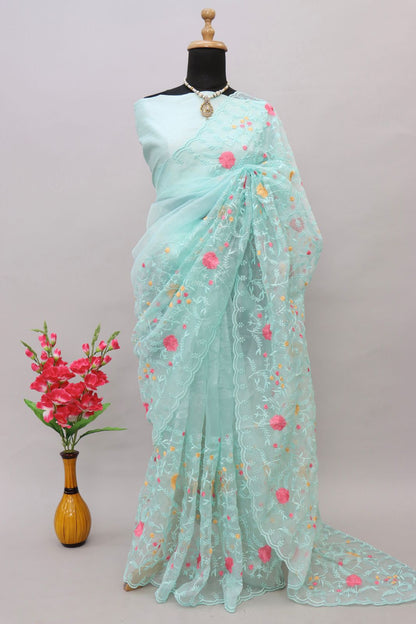 Sky Blue Color Multi Thread Work Organza Silk Saree