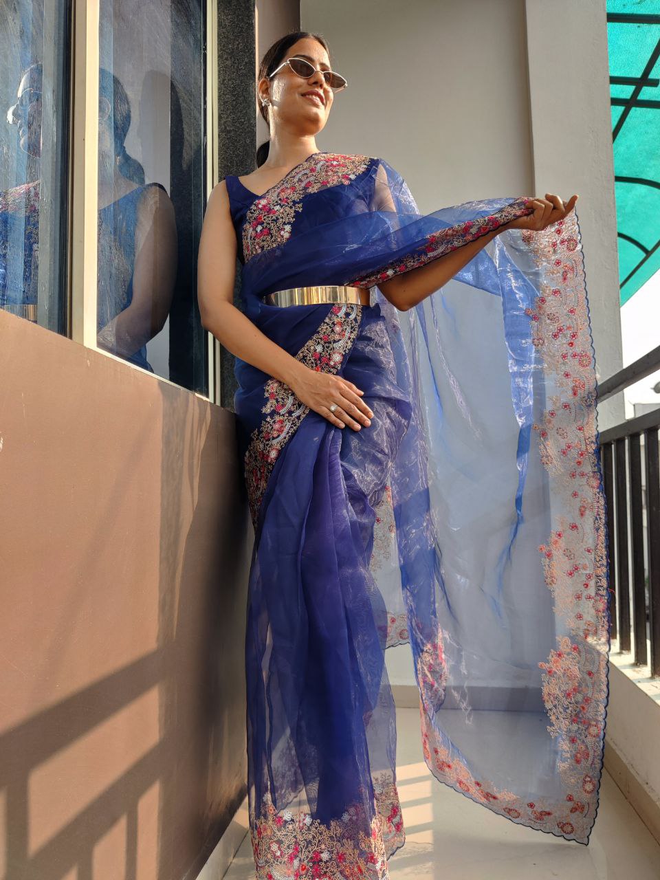 Blue Color Multi Thread Work Ready To Wear Organza Saree
