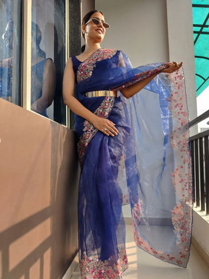 Blue Color Multi Thread Work Ready To Wear Organza Saree