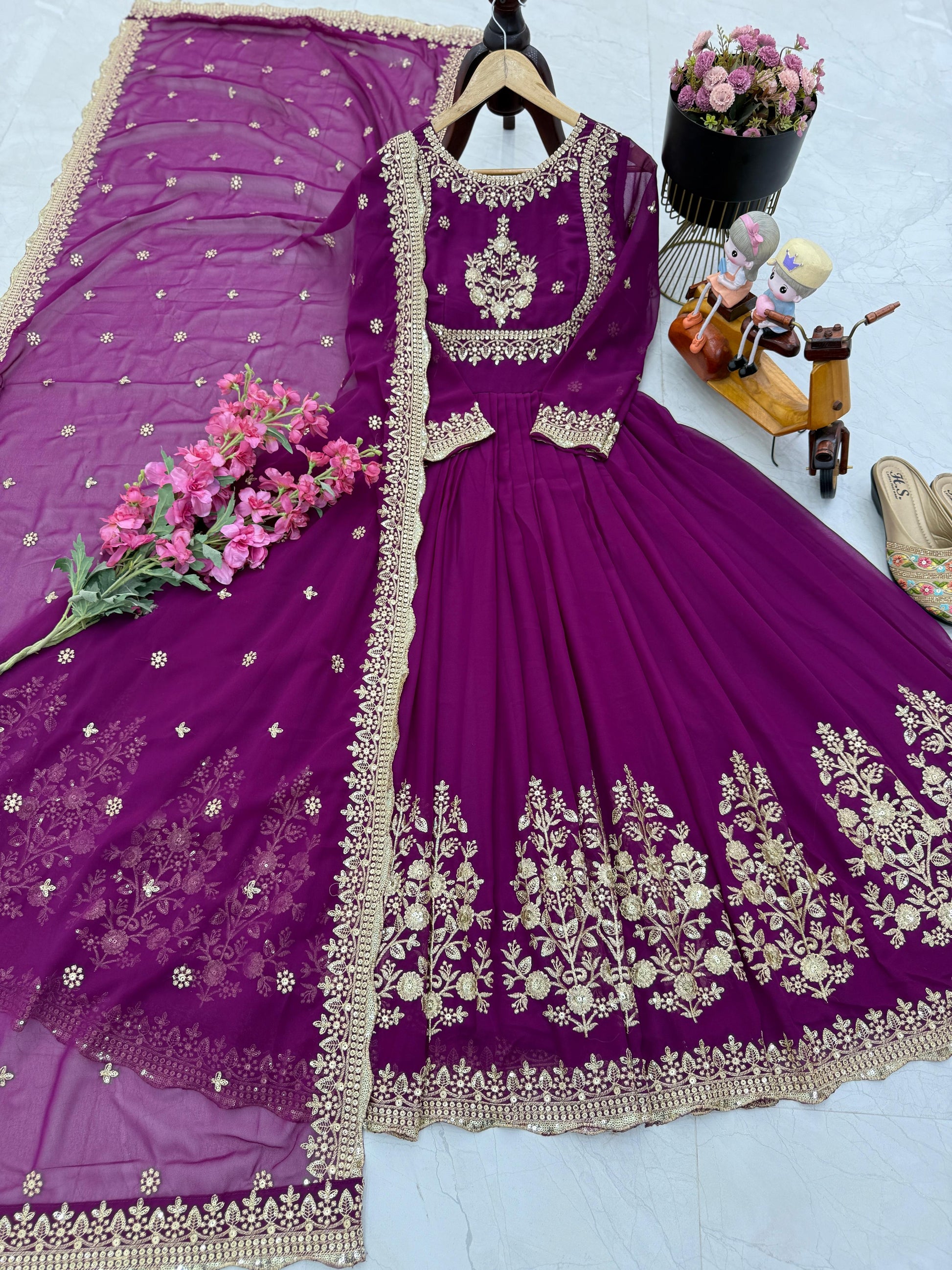 Designer Heavy Work Wine Color Gown