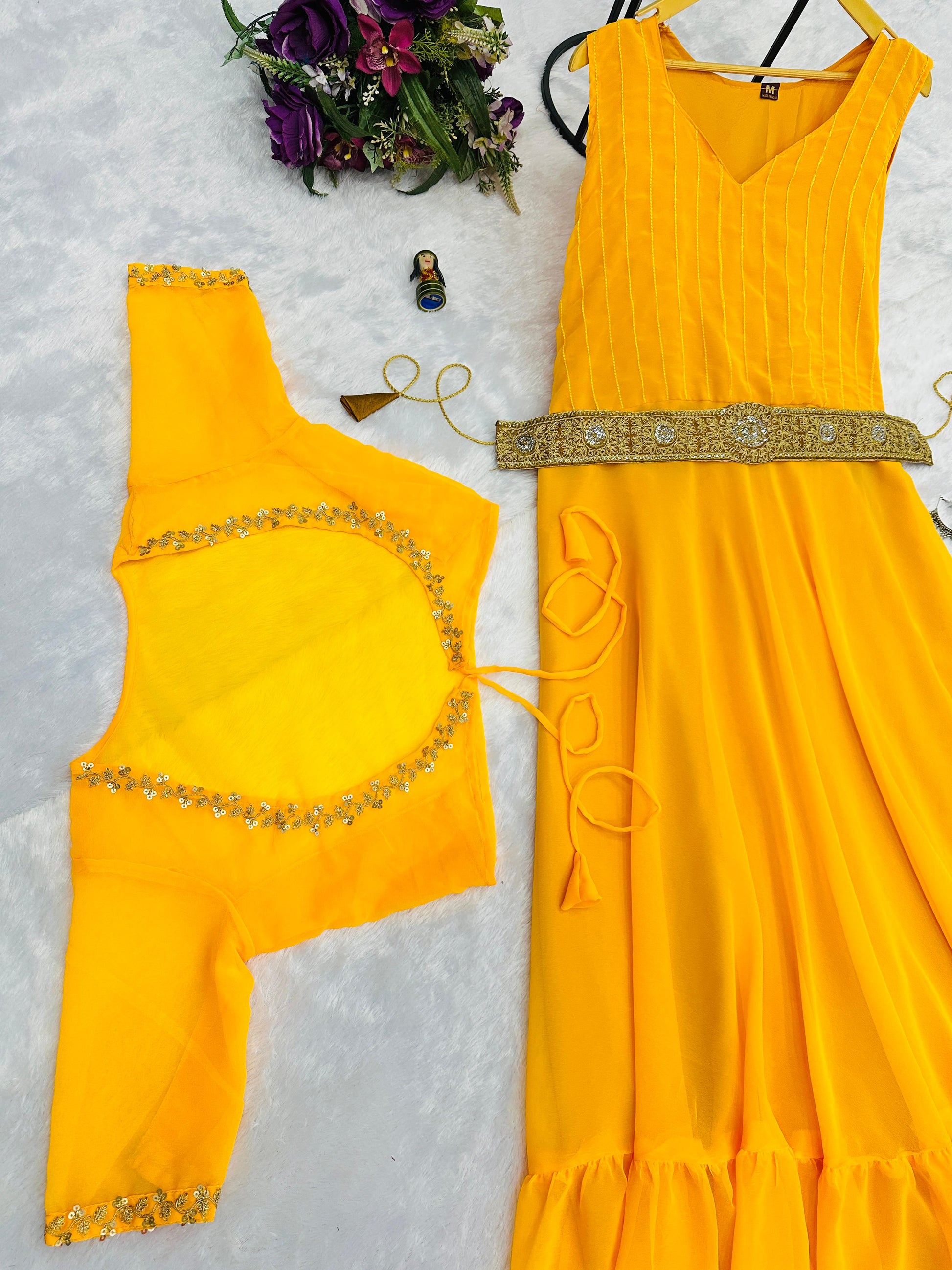 Designer Georgette Yellow Color Gown With Koti