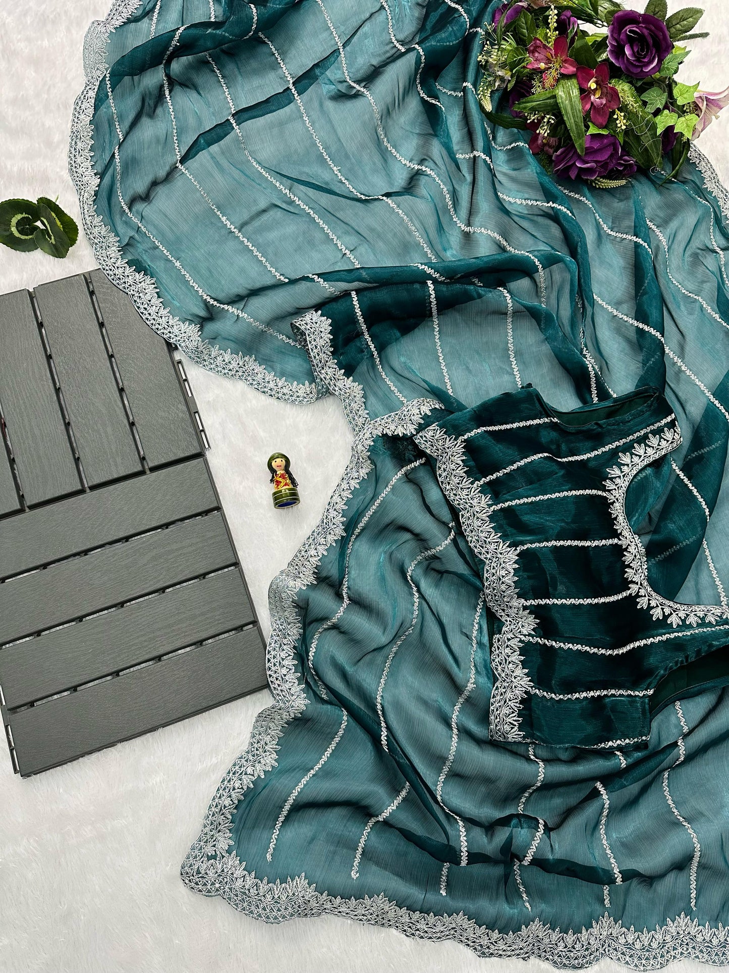 Peaceful Embroidery Zari Work Teal Blue Color Saree