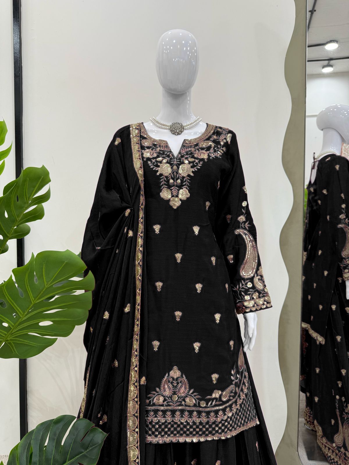 Wonderful Chinon Silk Black Color Palazzo Suit