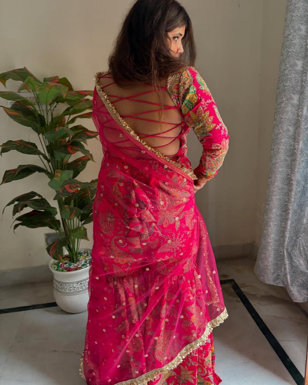 Delightful Embroidery Work Multi Pink Color Sharara Suit
