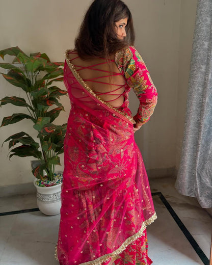 Delightful Embroidery Work Multi Pink Color Sharara Suit