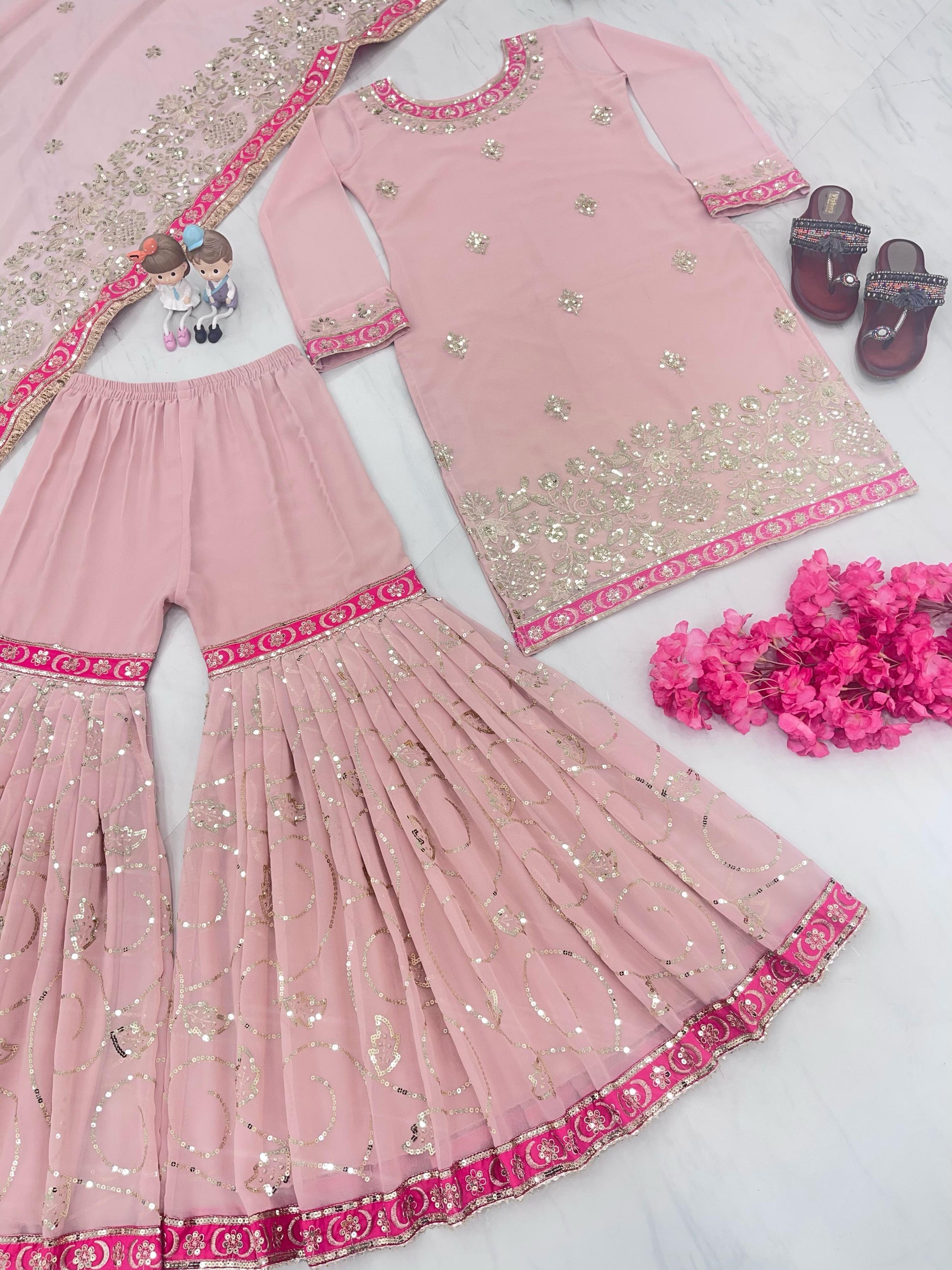 Festive Wear Sequence Work Pink Sharara Suit
