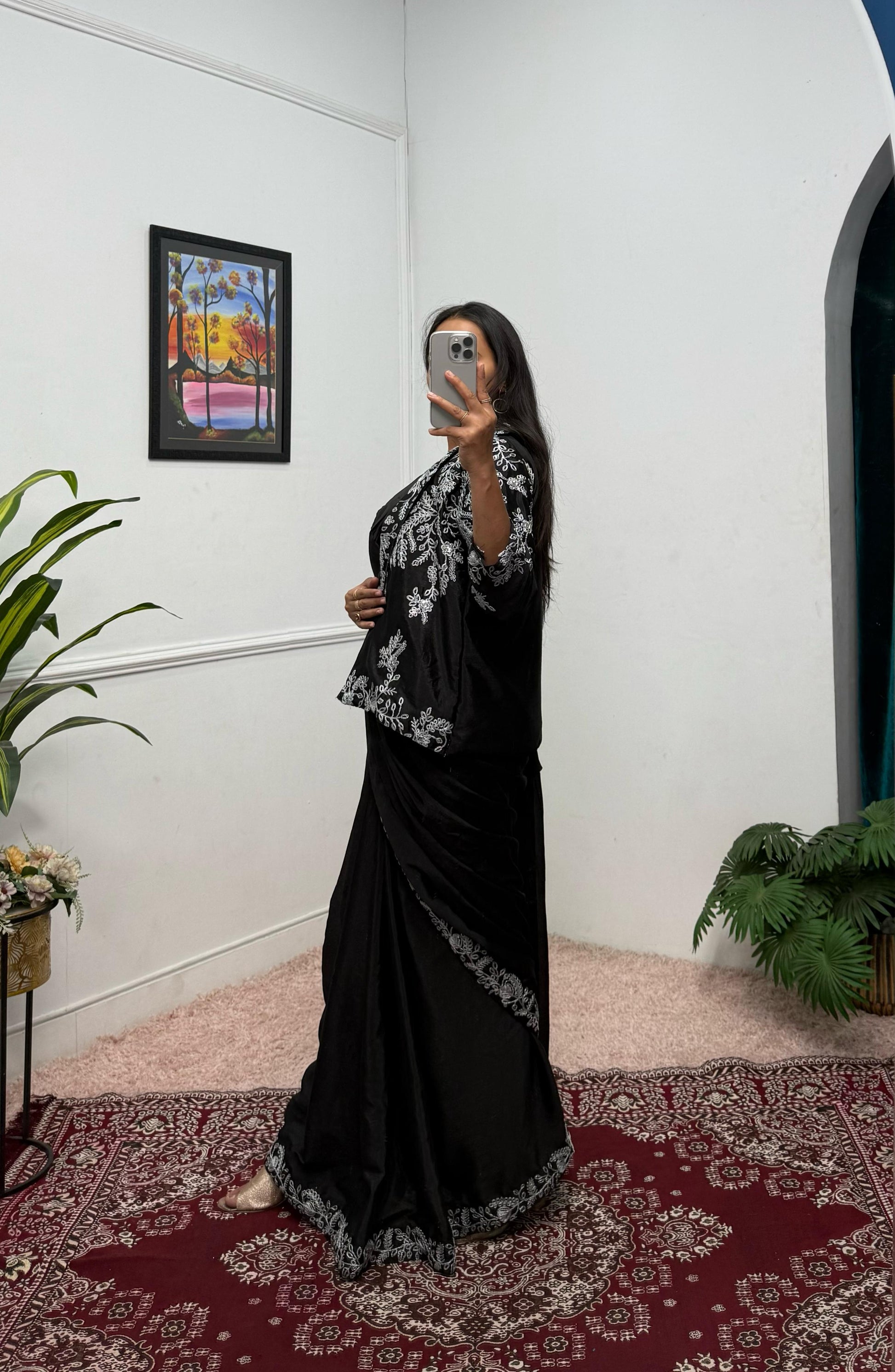 Designer Black Color Embroidery Work Saree With Koti