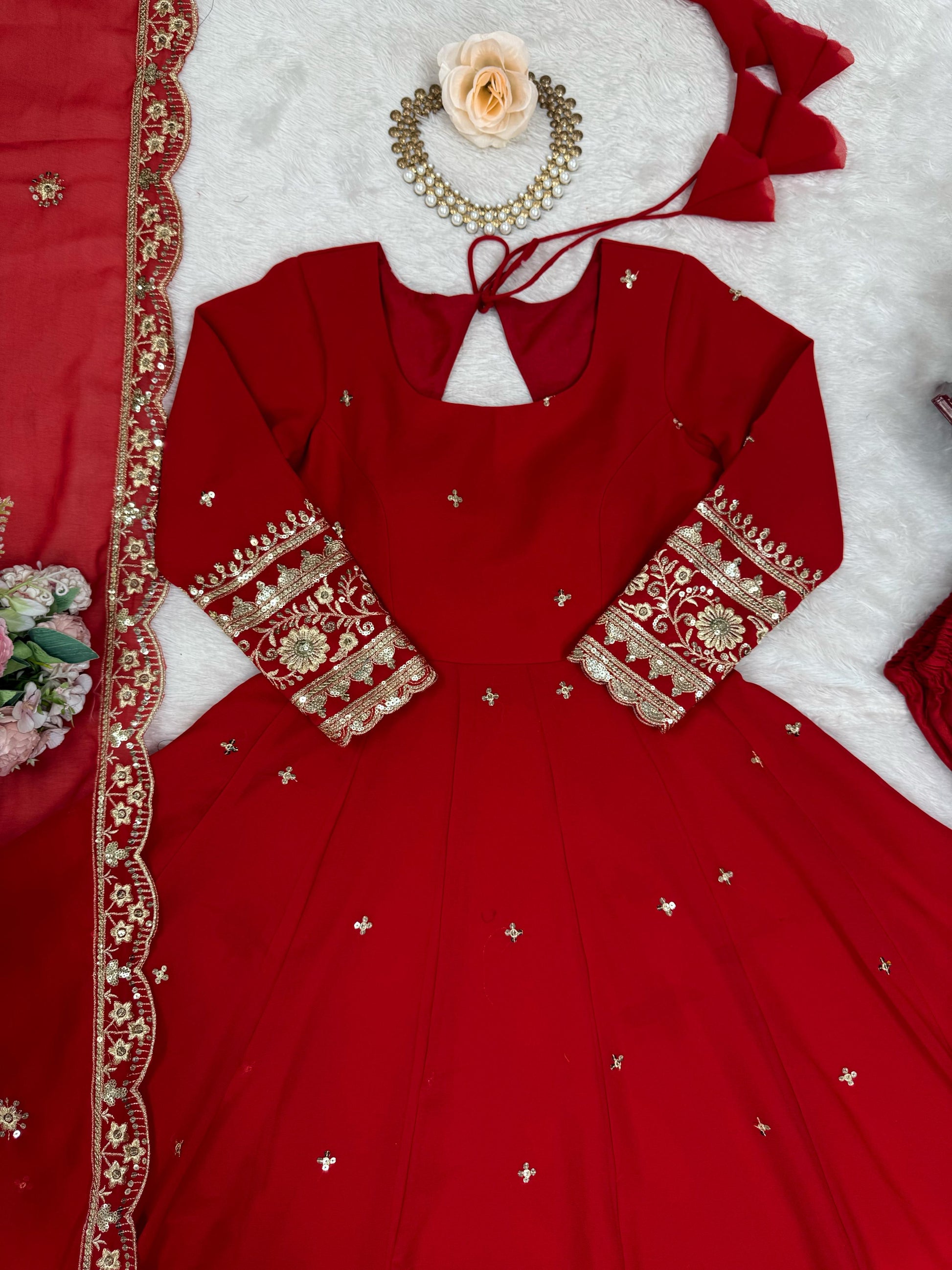 Outstanding Red Color Georgette Gown With Dupatta