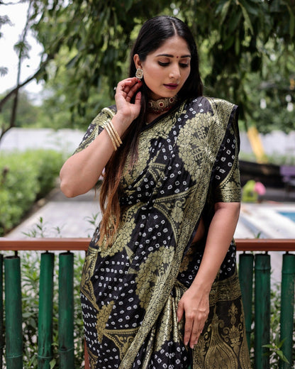 Trendy Zari Weaving Border Black Color Pure Bandhani Saree