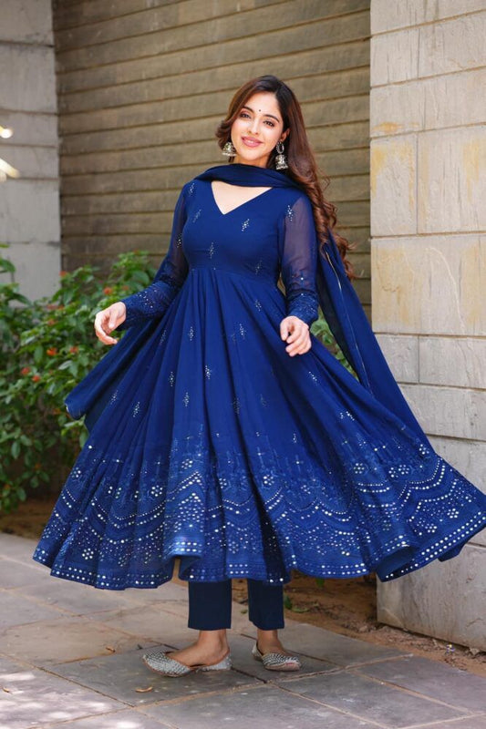 Fantastic Georgette Navy Blue Color Gown