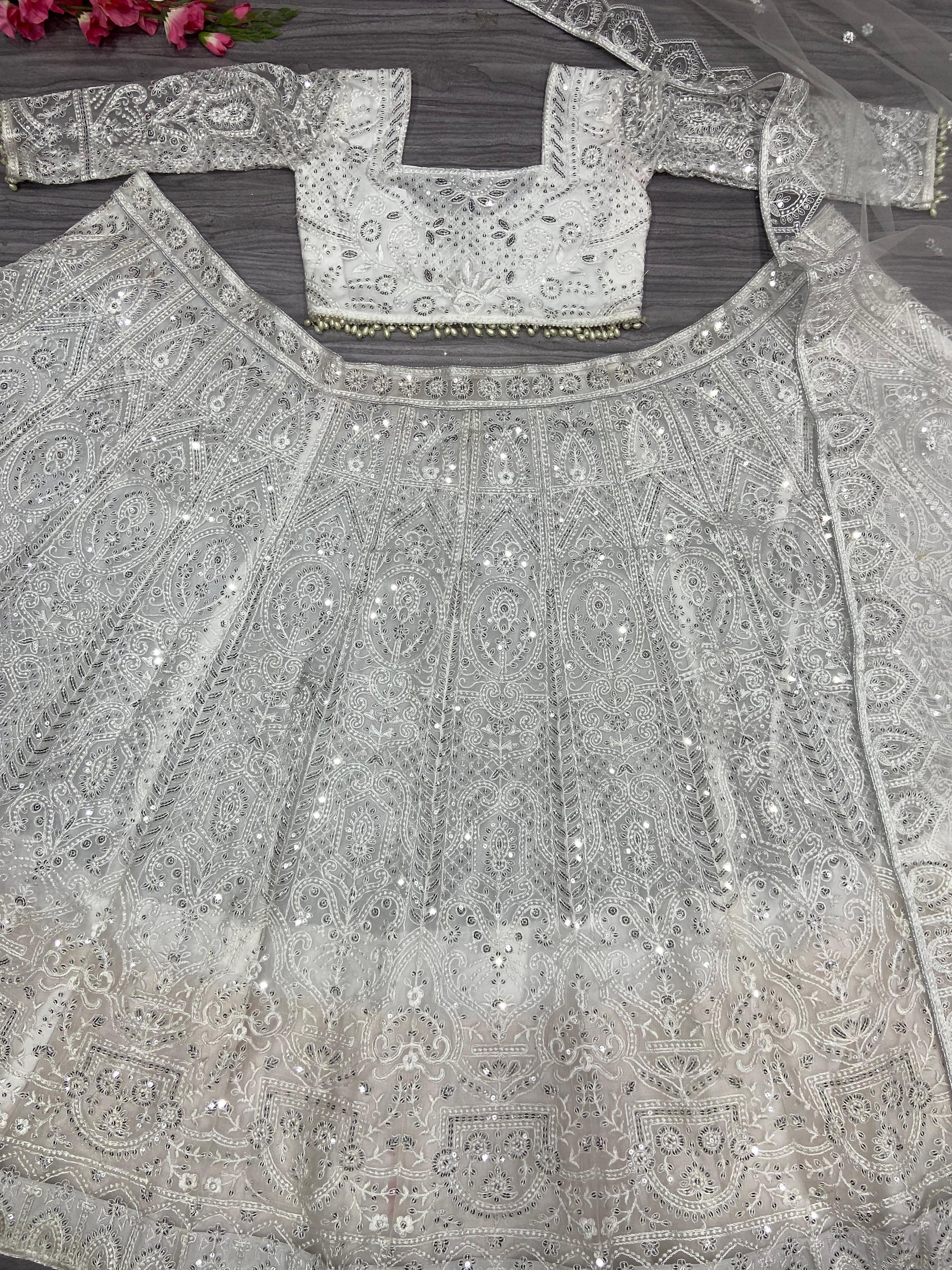 Adorable Butterfly Net White Color Lehenga Choli