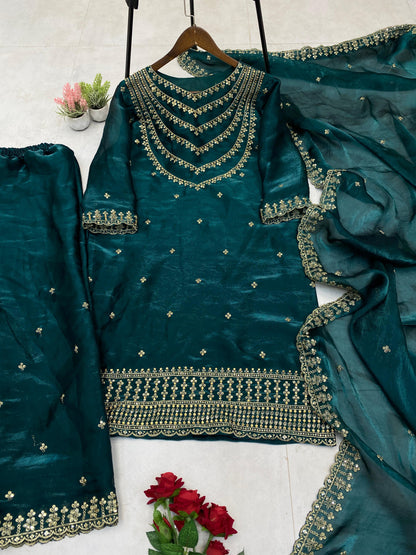 Good Looking Embroidery Work Teal Green Color Palazzo Suit