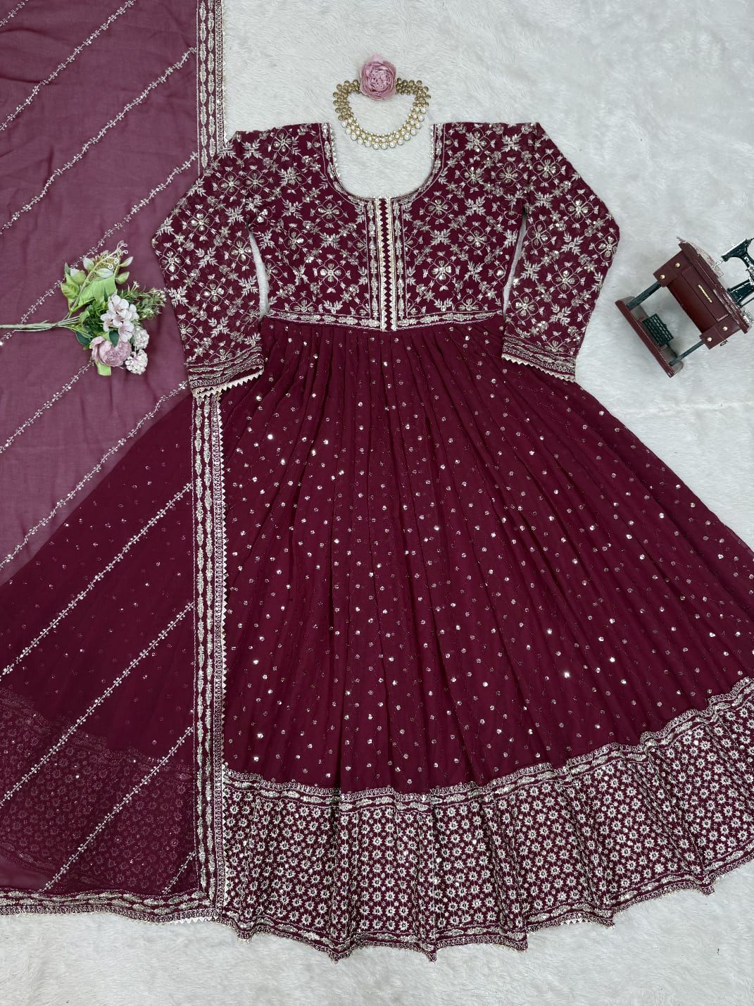 Fabulous Gorgette Maroon Color Gown