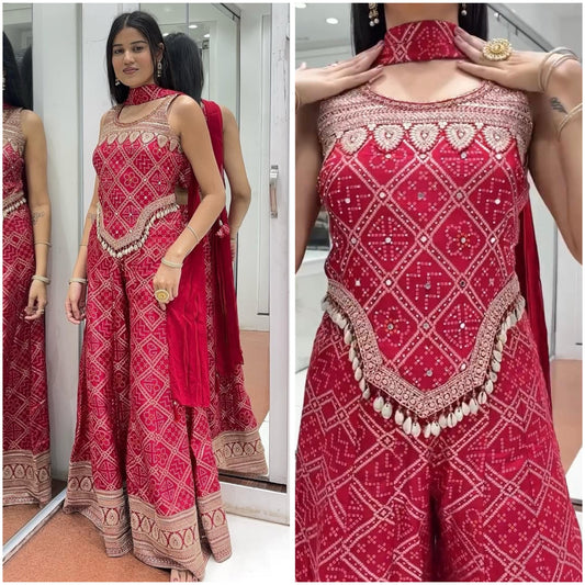 Function Wear Chinon Silk Red Color Sharara Suit