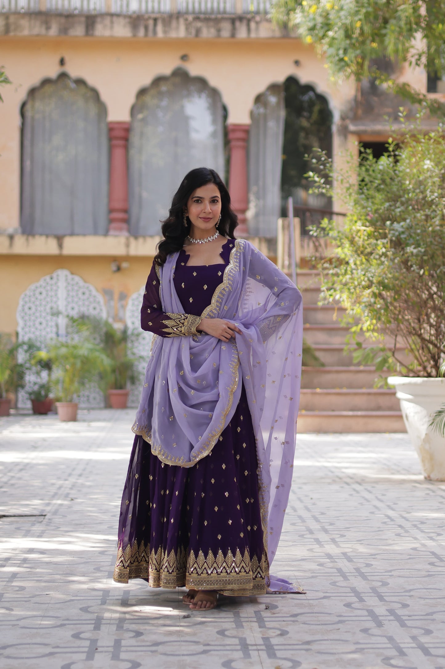 Classy Embroidery Sequence Work Purple Color Gown