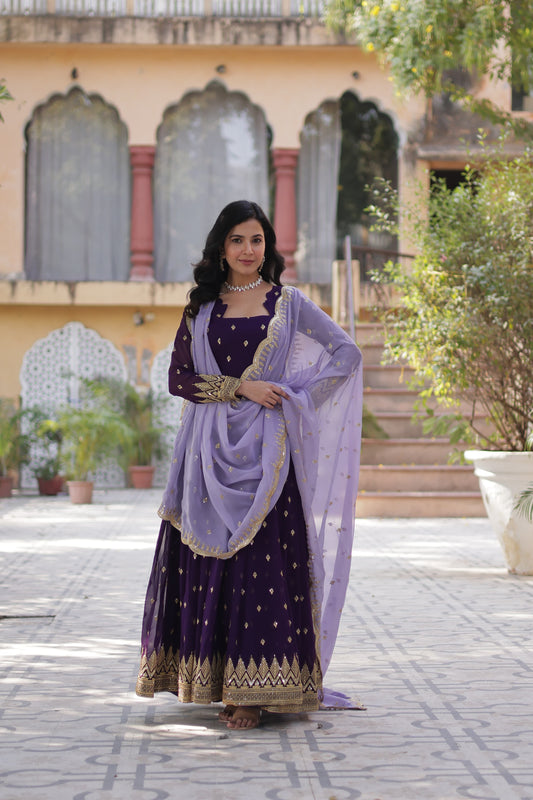 Classy Embroidery Sequence Work Purple Color Gown