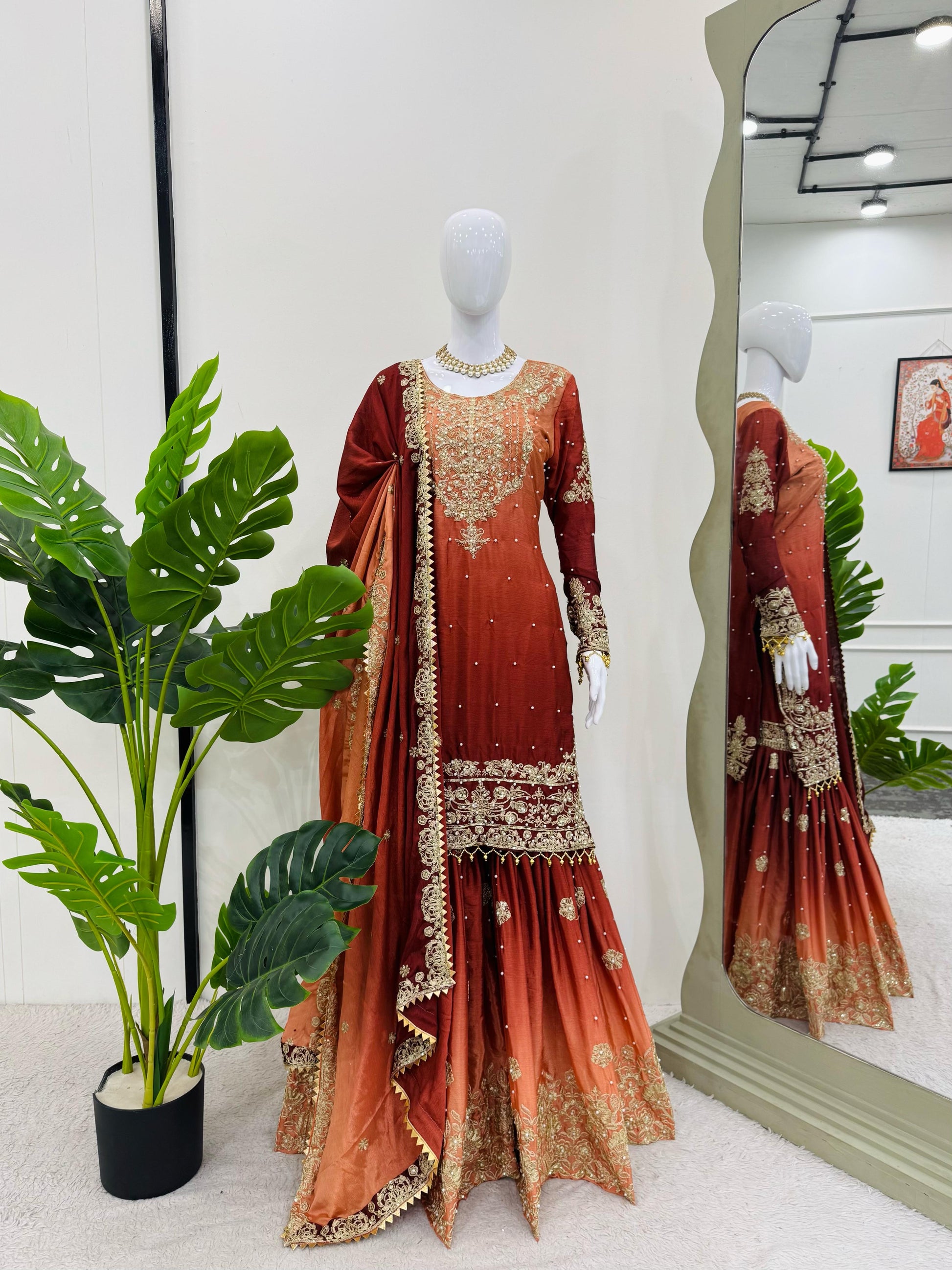 Good Looking Chinon Silk Rivet Moti Orange Color Sharara Suit