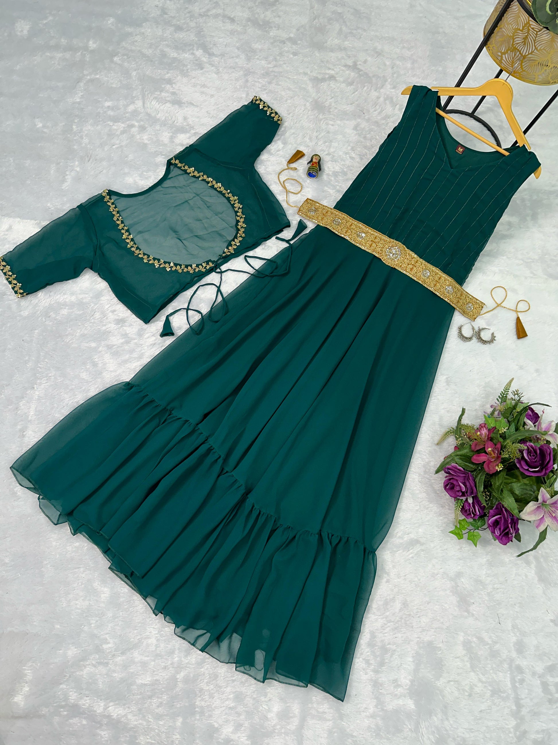 Designer Georgette Green Color Gown With Koti