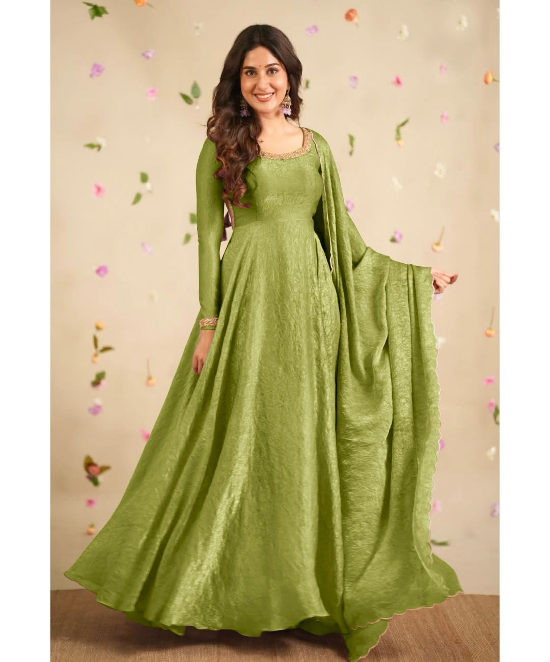 Delightful Embroidery Green Color Anarkali Gown with Dupatta