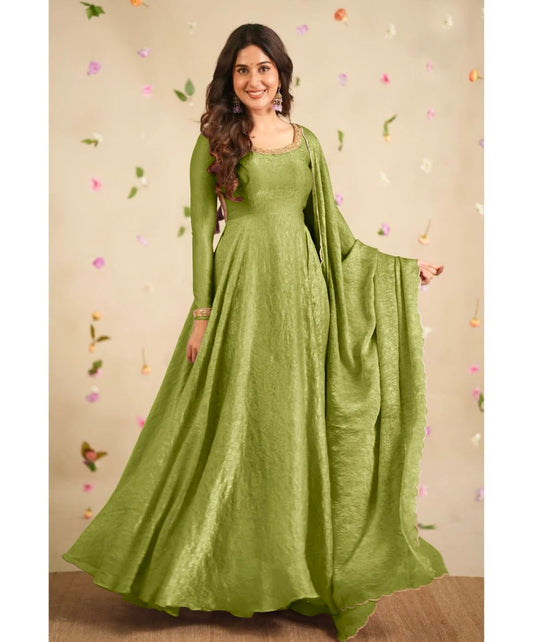 Delightful Embroidery Green Color Anarkali Gown with Dupatta