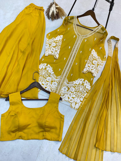 Glimmering Sequence Embroidery Work Yellow Color Palazzo Suit