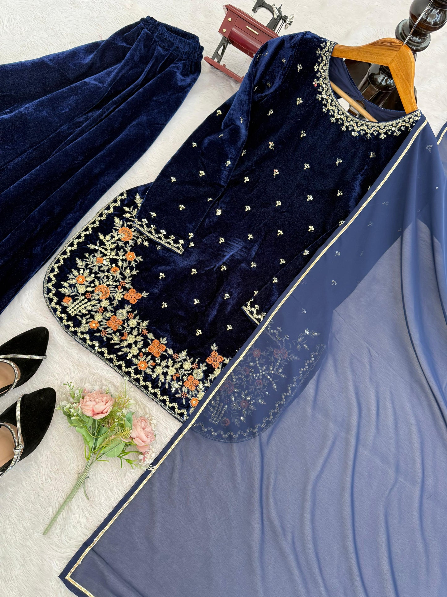 Stylish Blue Velvet with Sequence Work Plazo Suit