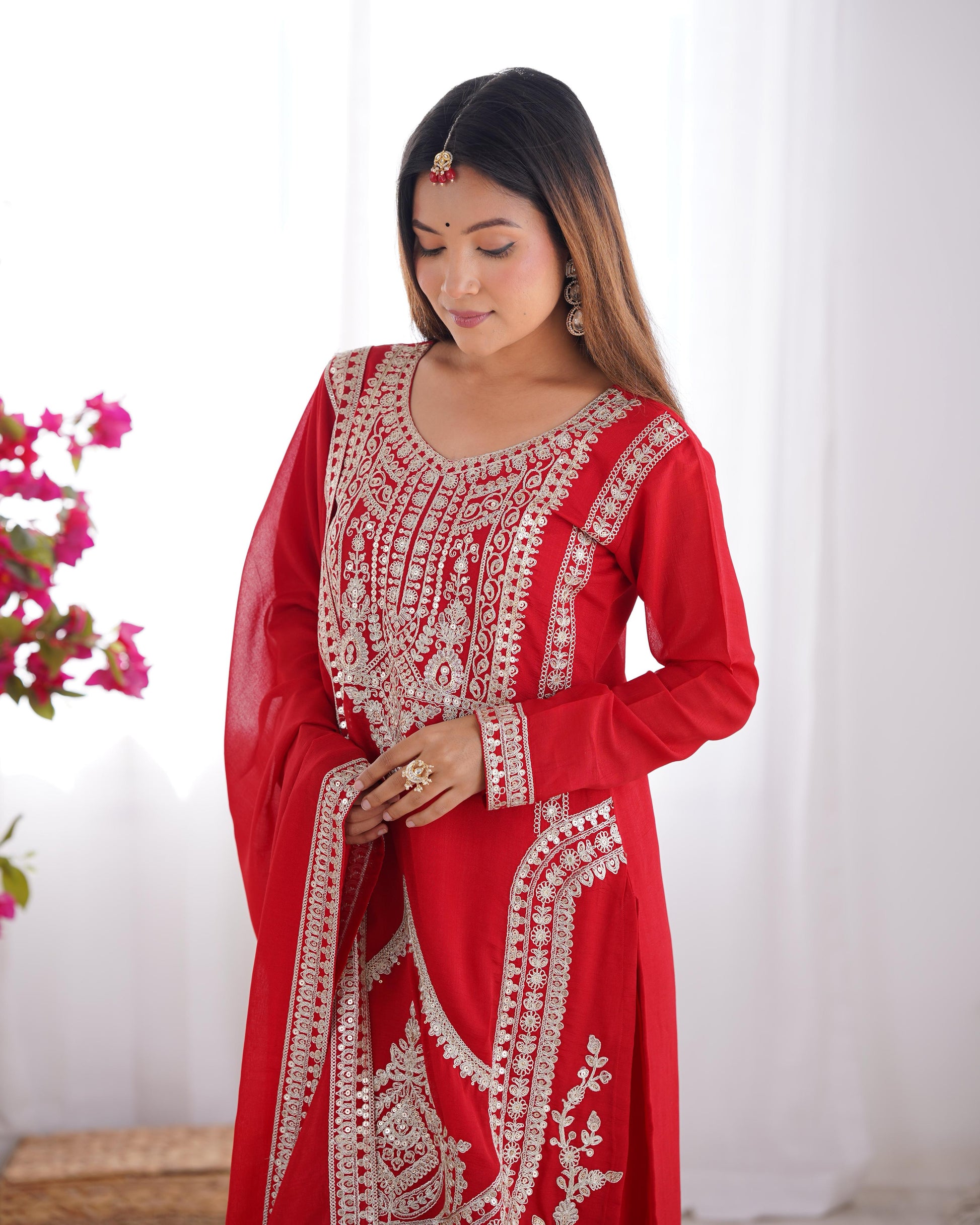 Outstanding Vichitra Silk Red Color Palazzo Suit