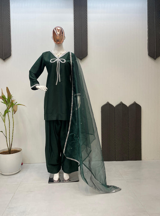 Marvelous Beads Work Green Color Salwar Suit