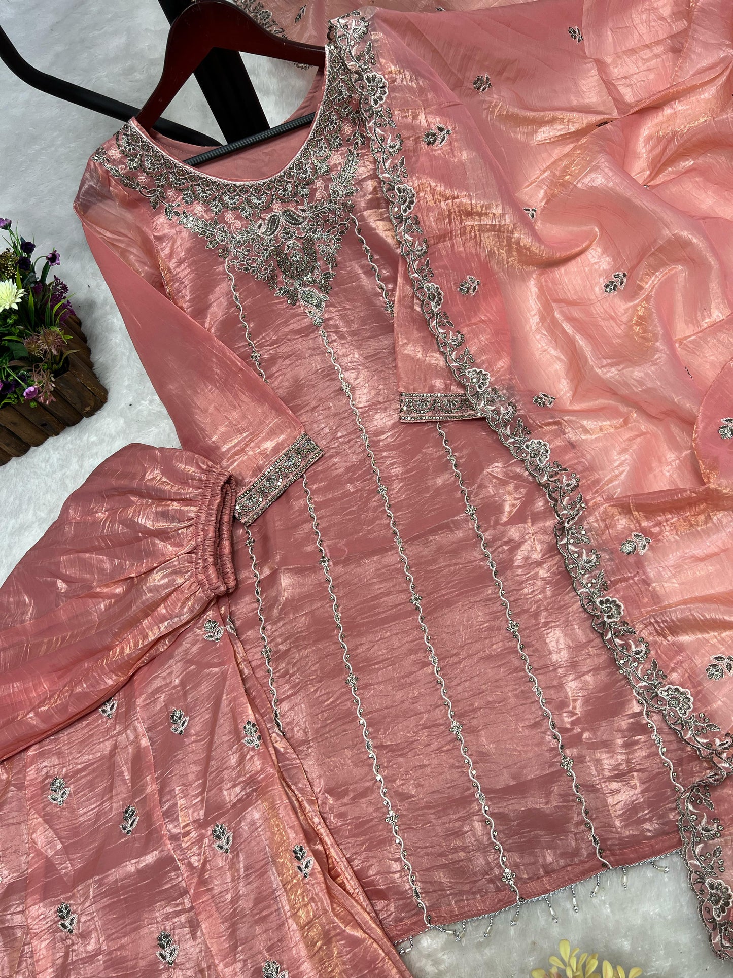 Designer Crush Silk Pink Color Palazzo Suit