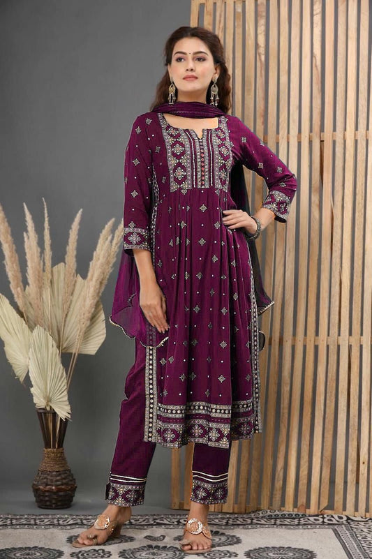 Precious Reyon Foil Print Wine Color Salwar Suit